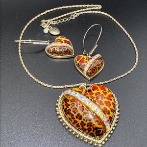 Betsey Johnson Leopard-Print Heart Necklace and Earring Set